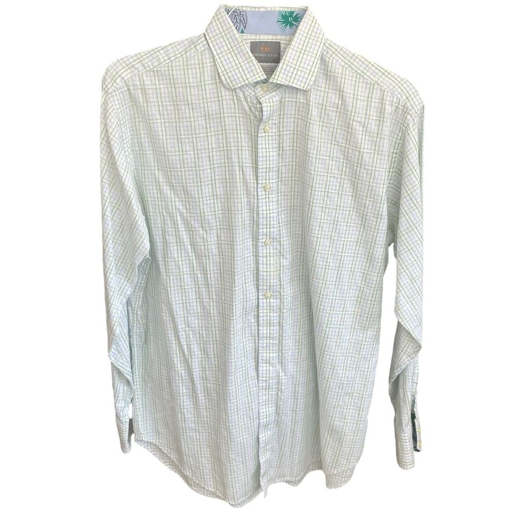 Men’s Thomas Dean Casual Long Sleeve Plaid Cotton Shirt Reverse Cuff Size Large